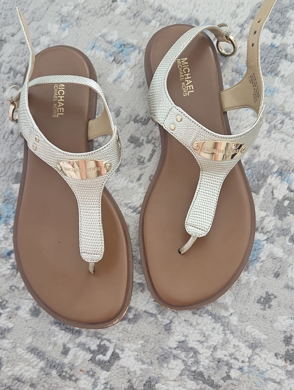 Michael Kors Metallic Gold-Tone Textured T-Strap Sandals